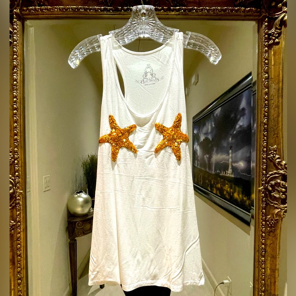 White Tank Top with Gold Sequin Starfish Accents